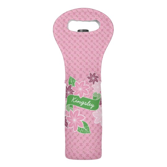 Monogram Pink Clematis Green Banner Japan Kimono Wine Bag