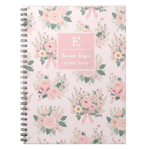 Monogram Pink Coquette Flowers, Aesthetic Floral Notebook