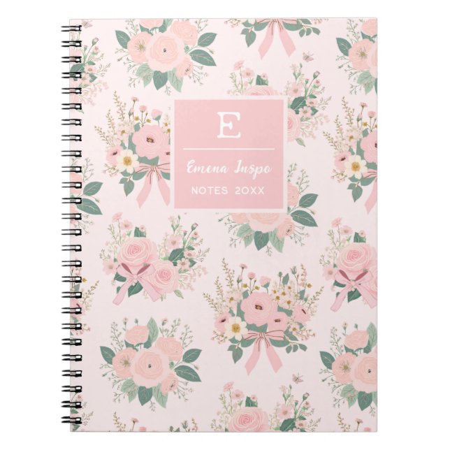 Monogram Pink Coquette Flowers, Aesthetic Floral Notebook (Front)