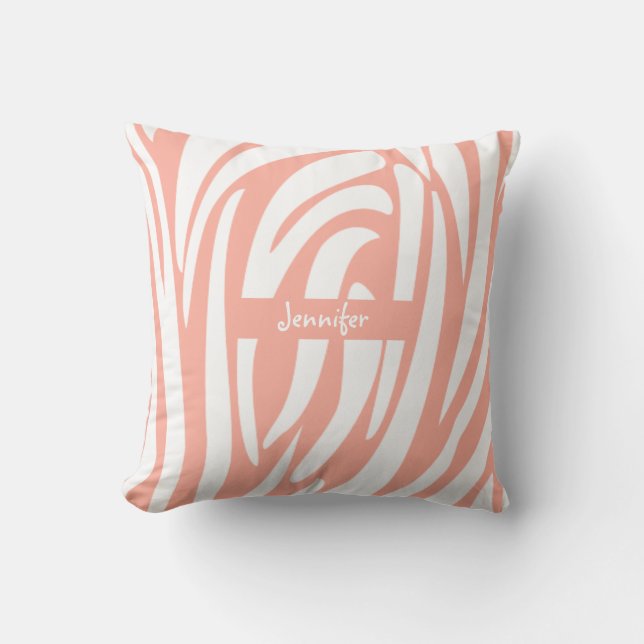 Monogram Pink Coral Striped Zebra Pattern Trendy Cushion (Front)