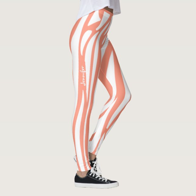 Monogram Pink Coral Striped Zebra Pattern Trendy Leggings (Right)