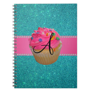 Monogram pink cupcake turquoise glitter notebook