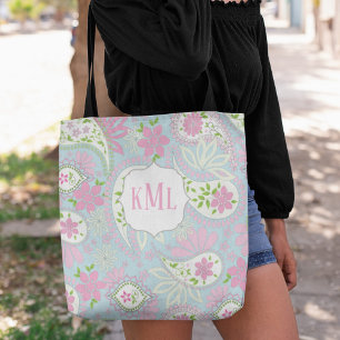 Monogram Pink Custom Stylish Paisley Tote Bag