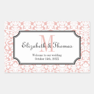 Monogram pink damask frame out of town gift bag rectangular sticker