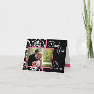 Monogram Pink Damask Wedding Photo Thank You #2 Card