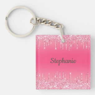 Monogram Pink Dripping Glitter Glam Trendy Key Ring