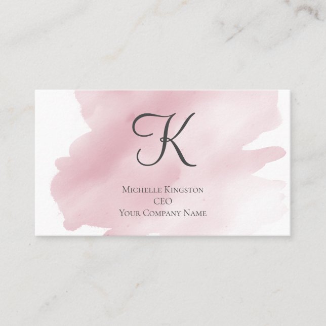 Monogram Pink Feminine Watercolor Wash Splash Business Card (Front)
