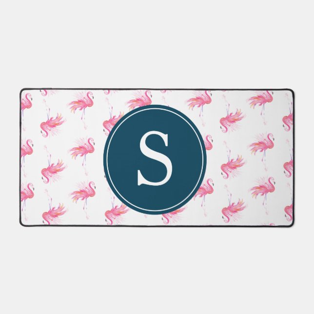 Monogram Pink Flamingo Cute Desk Mat (Front)