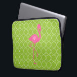 Monogram Pink Flamingo Lime Green Quatrefoil Laptop Sleeve<br><div class="desc">A gift featuring an illustration of a pink flamingo silhouette over a lime green quatrefoil background.  Personalise with your name inside circle on flamingo's body.</div>
