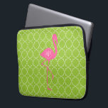 Monogram Pink Flamingo Lime Green Quatrefoil Laptop Sleeve<br><div class="desc">A gift featuring an illustration of a pink flamingo silhouette over a lime green quatrefoil background.  Personalise with your name inside circle on flamingo's body.</div>