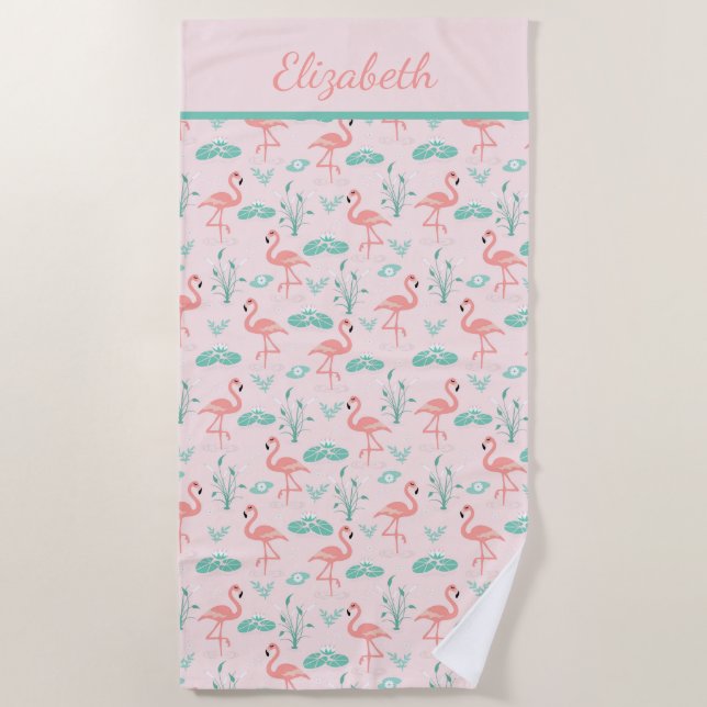 Monogram Pink Flamingos Green Palm Leaves Tropical Beach Towel (Front)