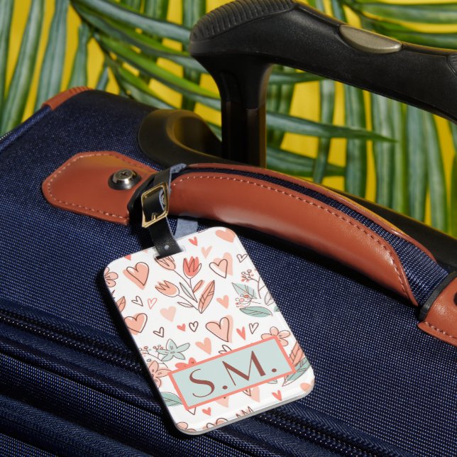 Monogram Pink Floral Boho Luggage Tag (Front Insitu 1)