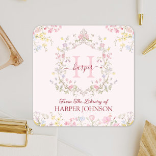 Monogram Pink Floral From The Library Bookplate Square Sticker