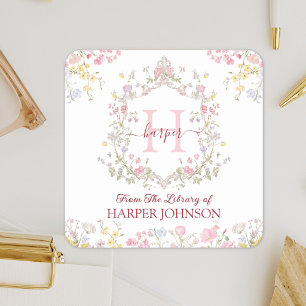 Monogram Pink Floral From The Library Bookplate Square Sticker