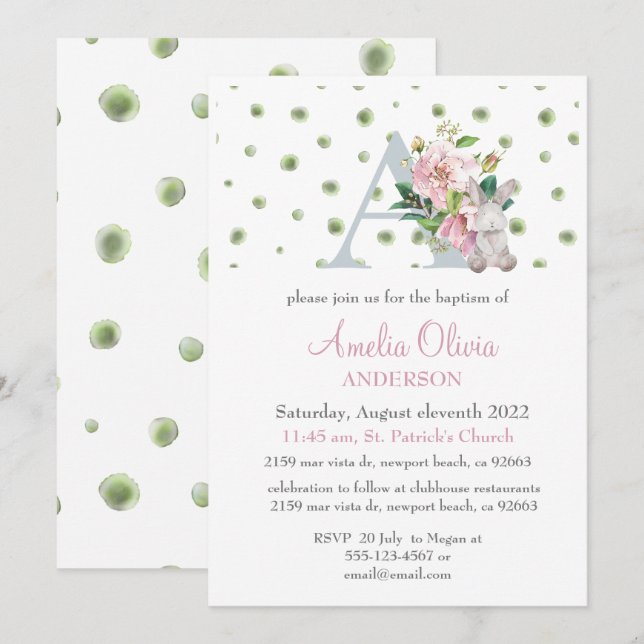 Monogram Pink Floral Greenery Baptism Girl  Invita Invitation (Front/Back)