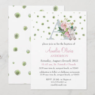 Monogram Pink Floral Greenery Baptism Girl  Invita Invitation