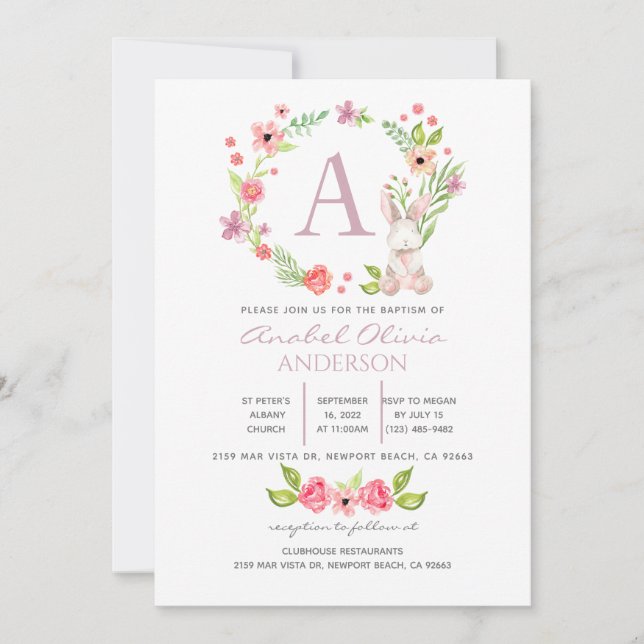 Monogram Pink Floral Greenery Baptism Girl  Invitation (Front)