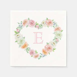 Monogram Pink Floral Heart Wreath Wedding Napkin