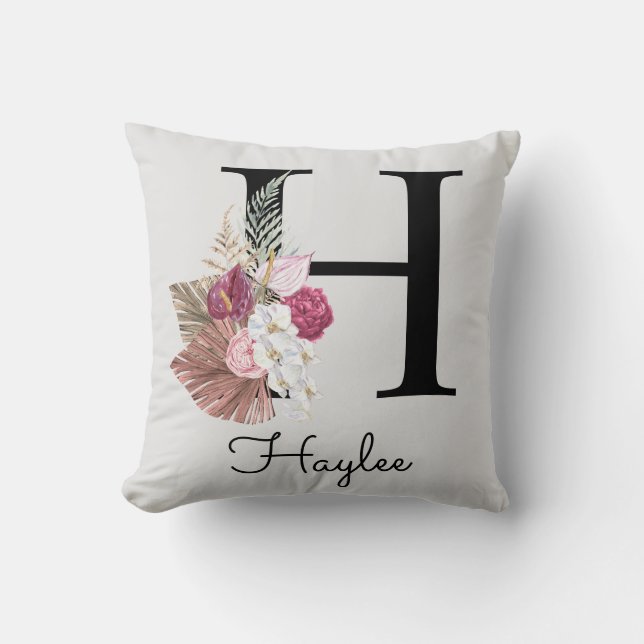 Monogram Pink Floral Initial H Cushion (Front)