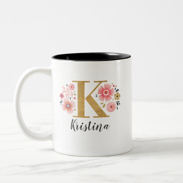 Monogram Pink Floral Initial Letter K Two-Tone Coffee Mug (Left)