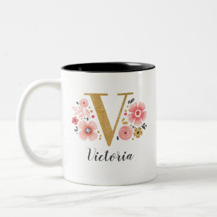 Monogram Pink Floral Initial Letter V Two-Tone Coffee Mug