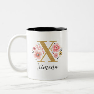 Monogram Pink Floral Initial Letter X Two-Tone Coffee Mug