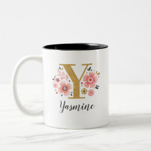 Monogram Pink Floral Initial Letter Y Two-Tone Coffee Mug