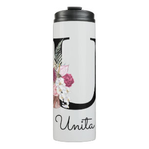 Monogram Pink Floral Initial U Thermal Tumbler