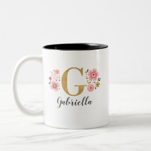Monogram Pink Floral Letter G Two-Tone Coffee Mug