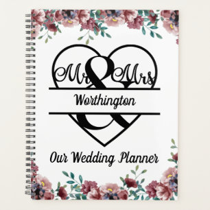 Monogram Pink Floral Name Heart Wedding Planner