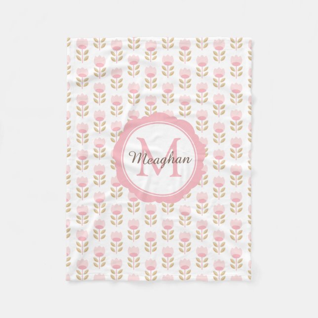 Monogram Pink Floral Pattern Baby Girl Nursery Fleece Blanket (Front)