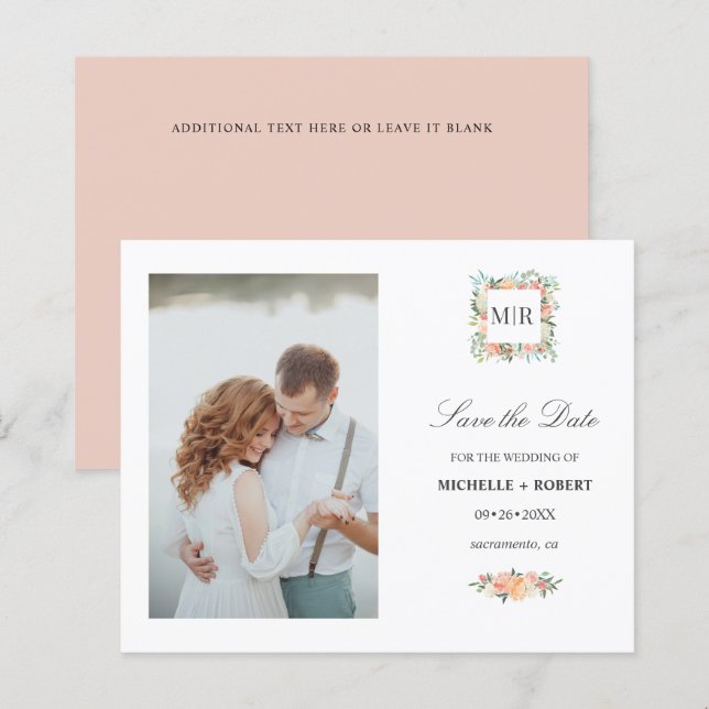 Monogram Pink Floral Photo Wedding SAVE THE DATE (Front/Back)