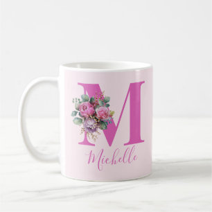 Monogram Pink Floral Watercolor Initial Name Coffee Mug