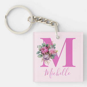 Monogram Pink Floral Watercolor Initial Name Key Ring