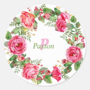 Monogram Pink Floral Wedding  Classic Round Sticker