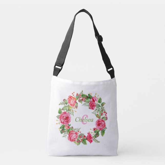 Monogram Pink Floral Wedding  Crossbody Bag (Front)