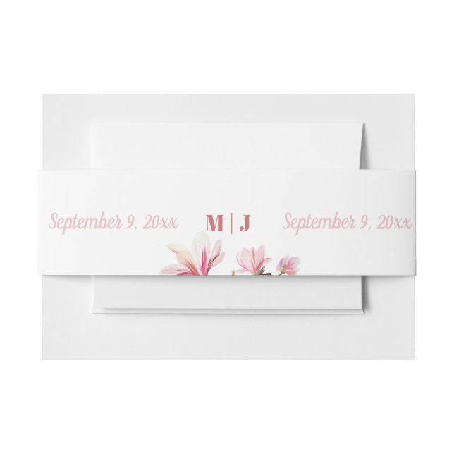 Monogram Pink Floral Wedding Invitation Belly Band (Front Example)