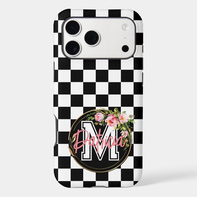 Monogram pink Flower black and white Chequered (Back)