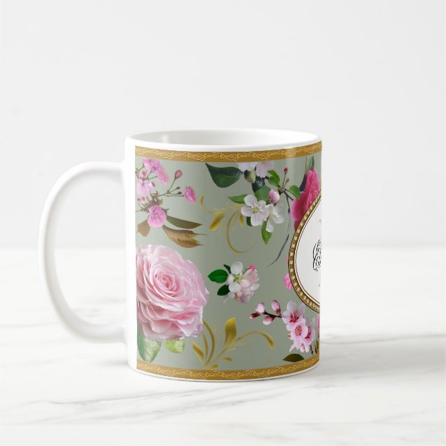 Monogram Pink Flowers Coffee Mug (Left)