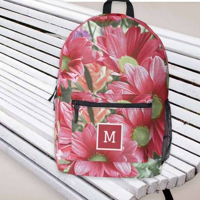 Monogram Pink Flowers Floral Cool Stylish Modern Printed Backpack (A stylish, monogrammed backpack with modern pink flowers design)