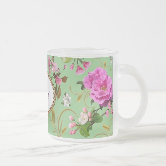 Monogram Pink Flowers Frosted Glass Coffee Mug (Right)