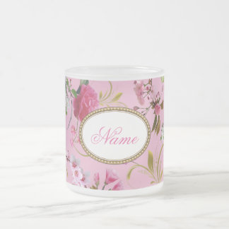 Monogram Pink Flowers Frosted Glass Coffee Mug