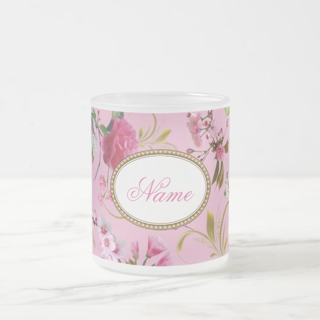 Monogram Pink Flowers Frosted Glass Coffee Mug (Center)