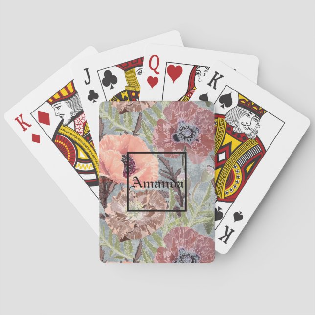 Monogram pink flowers playing cards (Back)