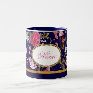 Monogram Pink Flowers Two-Tone Coffee Mug