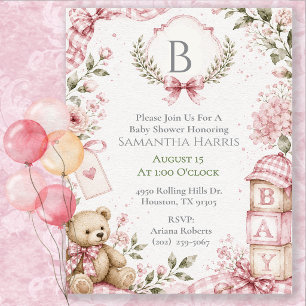 Monogram Pink Girl Baby Shower Invitation