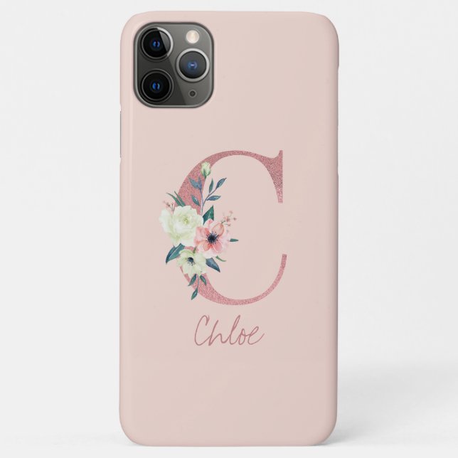 Monogram Pink Glitter Flower Letter C Light Pink Case-Mate iPhone Case (Back)
