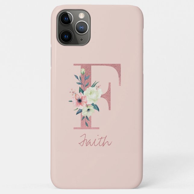 Monogram Pink Glitter Flower Letter F Light Pink Case-Mate iPhone Case (Back)