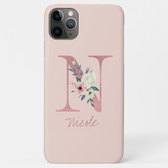 Monogram Pink Glitter Flower Letter N Light Pink Case-Mate iPhone Case (Back)