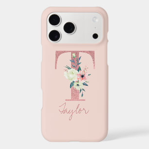 Monogram Pink Glitter Flower Letter T Light Pink